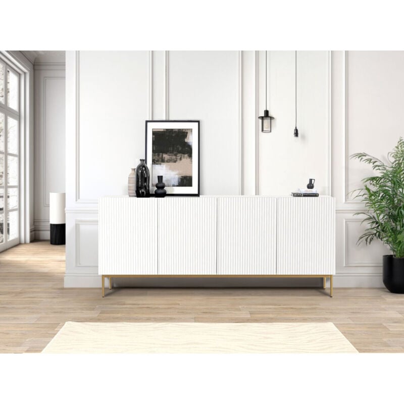 Buffet 4 portes 200 cm kasha Pieds or Blanc - Bobochic