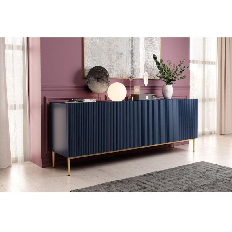 Buffet 4 portes 200 cm kasha Pieds or Bleu foncé - Bobochic