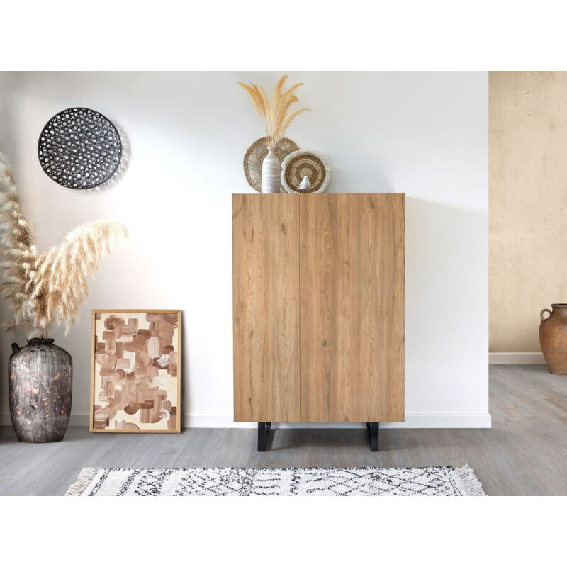 Buffet haut 2 portes 90 cm opera effet chêne et imitation marbre noir - Bobochic