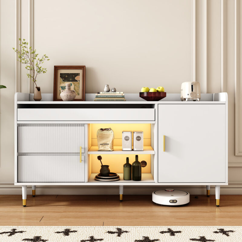 Commode, buffet avec porte coulissante en verre, led, cuisine/salon/salle à manger/couloir, 140x38x76 cm, blanc