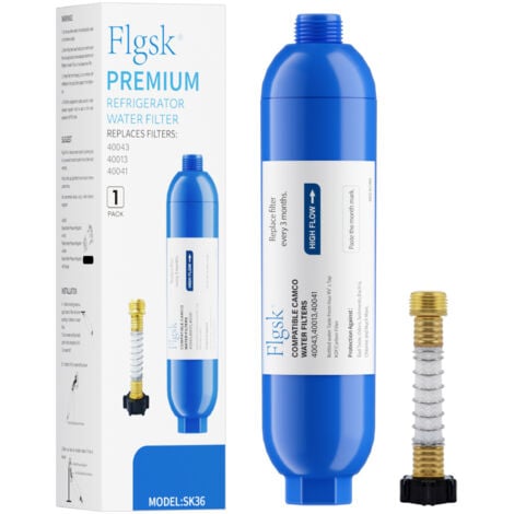 Built-in RV water filter with flexible hose protector, designed for RVs and boats, reduces lead, fluoride, chlorine, bad taste and odor.