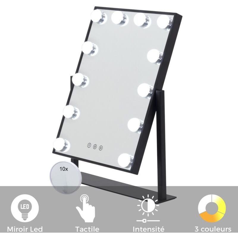 Bulb little Miroir de maquillage Noir 12 led réglables éclairage + intensité lumineuse