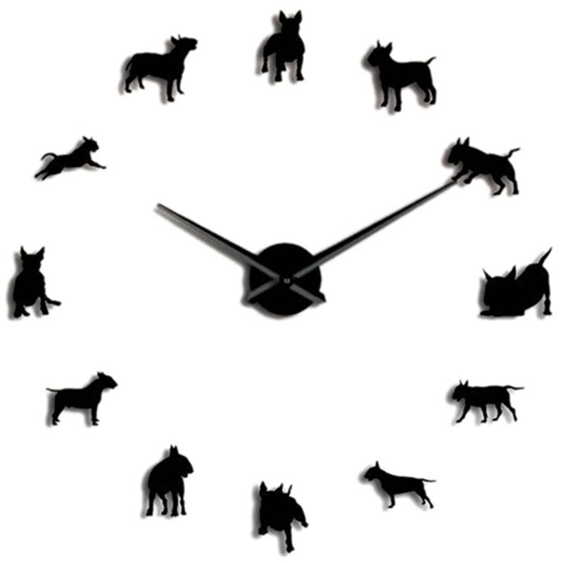 Bull Terrier Chien Mur Art Diy Grande Horloge Murale Race de Chien Grosse Aiguille Horloge Montre Pet Shop Decor Cadeau pour Bull Terrier Lovers Noir