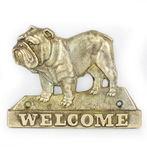 Bulldog - un cartello per porta con un cane, una targa di benvenuto in ottone, un cartello unico con la parola Welcome di Art-Dog