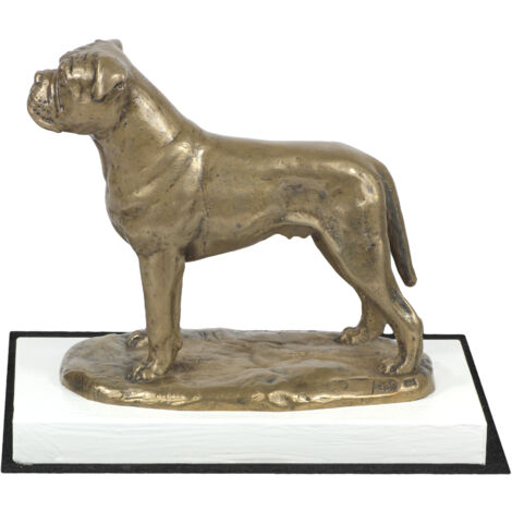 Bullmastiff, Bulmastif: estatuilla de perro, figura sobre una base blanca, trofeo para una exposición de perros de Art-Dog