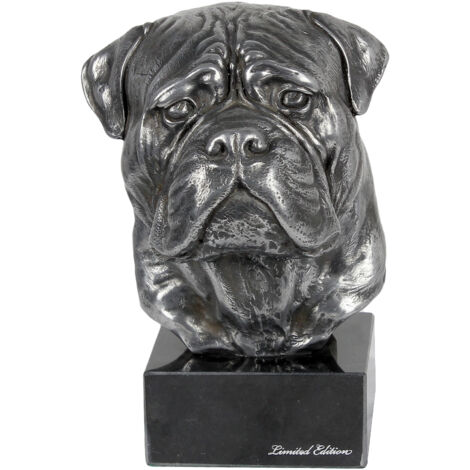 Bullmastiff, Bulmastiff - figura sobre mármol, recubierta de metal plateado, hecha a mano, marca Art-Dog