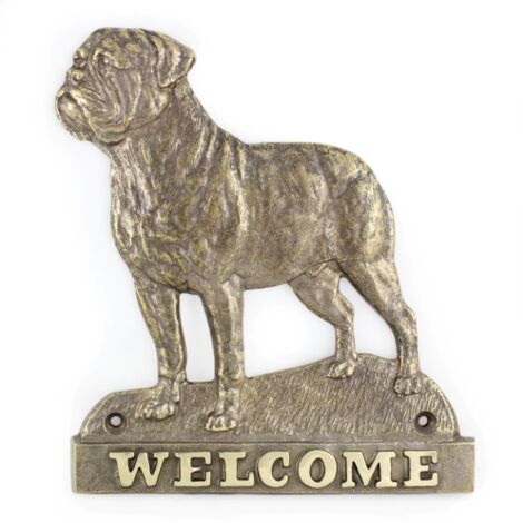 Bullmastiff, Bulmastiff - un cartello per porta con un cane, una targa di benvenuto in ottone, un cartello unico con la scritta Welcome by Art-Dog