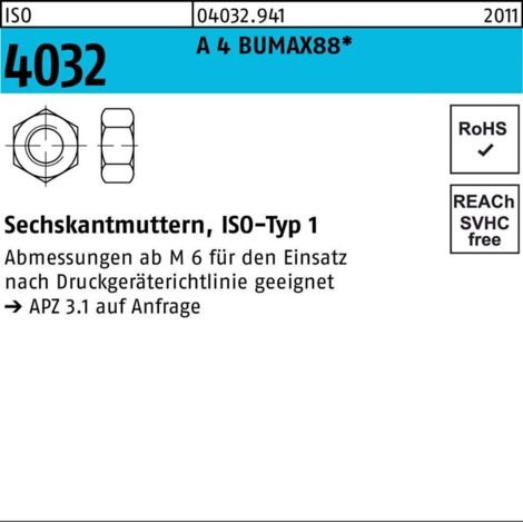 BUMAX Sechskantmutter ISO 4032 M 12 x 1,75 Edelstahl A4 blank 50 Stk