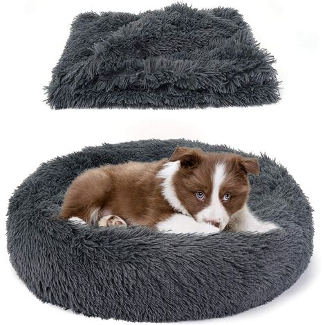 Bundle Savings - The Original Calming Shag Donut Cuddler Dog Bed in Small 24"x 24" and Pet Throw Blanket in 28"x 36", Dark grey