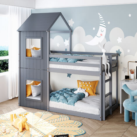 Treehouse Bunk bed, 3FT Cabin Bed Frame, Mid-Sleeper with Treehouse Canopy & Ladder Grey