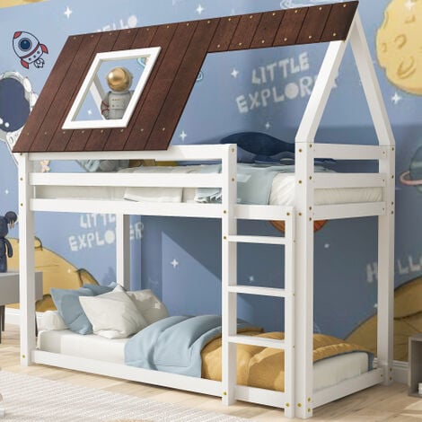 Bunk Bed with 3-step-ladder, Kids Children, House Bed, 3FT Solid Pine Wood Single Bed Frame, with Fall Protection and Fences, brown MDF Roof, white Bed (90x190cm)