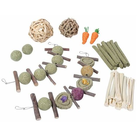 Bunny apple sticks, a bunch of bunny chew toys, guinea pig snacks and pet food