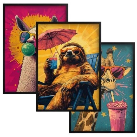 Bunte Bilder Poster Schwarzer Rahmen Tiere Pop Art für die Wohnzimmerwand
