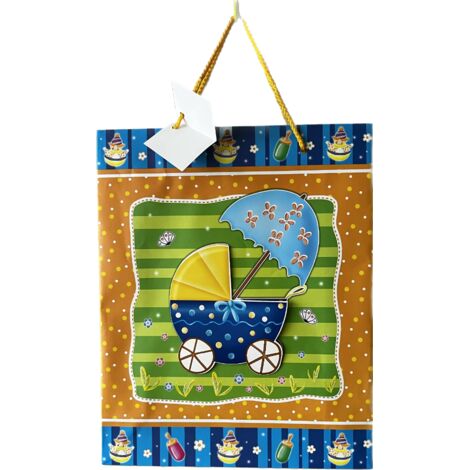 Bunte Geschenktüte mit Kinderwagenmotiv für junge Mamas - Ideal zum Verschenken, Originelle Verpackung, Maße 36x32x8,5 cm, Gewicht 0,1 kg