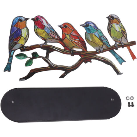 Bunte Vogelornamente aus Eisen fürs Büro – 5 bemalte Vögel auf einem Ast, Wohndekoration