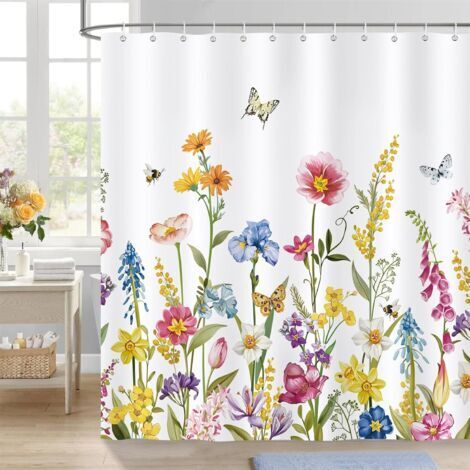 Bunter Duschvorhang mit Aquarell-Frühlingsblumenmuster, Polyestergewebe, schimmelresistent, wasserdicht, waschbar, Badezimmervorhänge, 180 x 180 cm, inklusive 12 Haken für die Badewanne