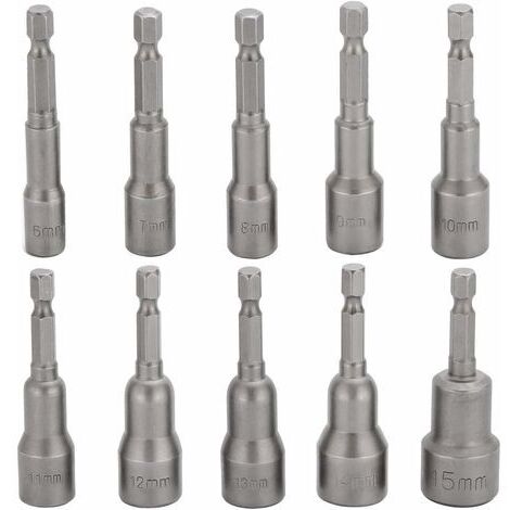 BUNTHAUS 10 Pcs Embout Douille Visseuse à Choc 6-15mm Set Magnétique Hexagonale Douille Jeu de Embout Aimanté Perceuse Prise Hexagonale douille Set 1/4 Pouce pour Mandrin à Changement Rapide