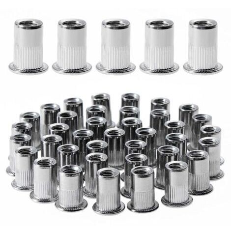 BUNTHAUS 100 pièces M6 écrou à rivet fileté à tête plate,écrous à riveter fileter en acier inoxydable,assortiment inserts filetés pour mental plastique (12 mm × 15 mm)