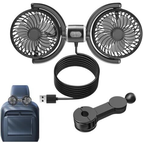 BUNTHAUS 12,2 x 5,51 pouces Noir,Ventilateurs de siège auto pour bébé, ventilateur USB portable à double tête, circulation d'air électrique puissante, ventilateurs d'appui tête arrière de véhicule rot