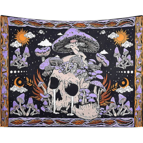 BUNTHAUS 130x150cm Champignons et crânes Tenture Murale Tapisserie pour la Nature Décorations Couvrelit Courverture pour la Maison Salon Chambre Dortoir Décor