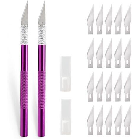 BUNTHAUS 2 pièces Scalpel avec 20 lames, Cutter de précisioncouteau artisanal, couteau cutter, scalpel pedicure, scalpel chirurgical, couteau à découper, cutter pour sculpture, film de fenêtre, Mauve