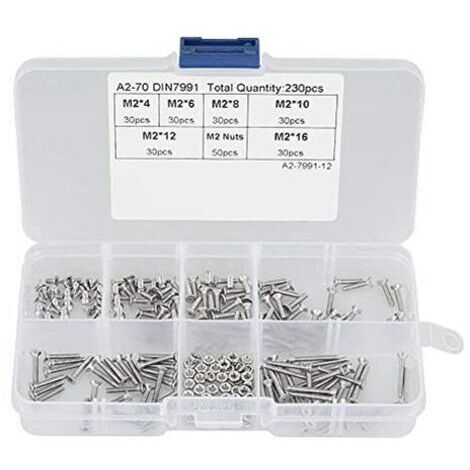 BUNTHAUS 230 pcs M2 304 vis à métaux, Vis cylindriques tête plate boulon en acier inoxydable écrous assortiment kit
