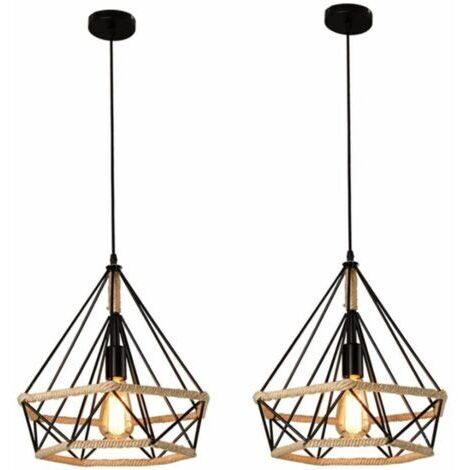 BUNTHAUS 2x Corde de chanvre Cage Lampe de Plafond,Lustre Suspension Industrielle 25cm en forme Diamant Corde de Chanvre Noir, Ensoleillé