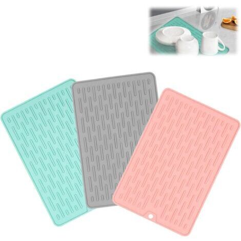 BUNTHAUS 3 Pièces, Bleu + Gris + Rose, 20x30cm Tapis Egouttoir Vaisselle, Tapis de Séchage Vaisselle, Tapis Égouttoir en Silicone, Tapis D'égouttage, Tapis de Séchage de Cuisine, Pour Un Séchage Rapid