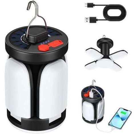 BUNTHAUS 3600mAh LED Solaire Lampe de Camping Lanterne Rechargeable USB, 6 modes SOS étanche Portable IP67 étanche Lampe de Camping tente Lumière pour la randonnée en plein air de lecture d'urgence