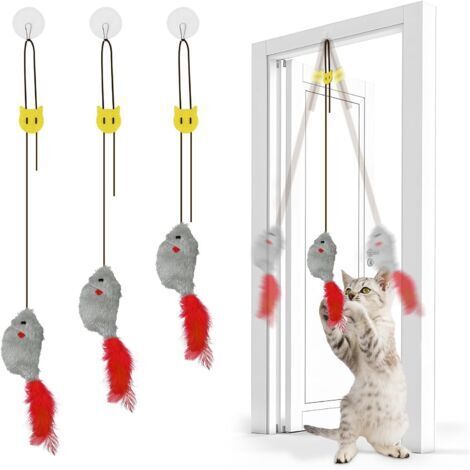 BUNTHAUS 3pcs Porte Suspendue Souris Jouet Chat, Jouets Interactifs pour Chats, Souris Suspendue avec Corde Élastique et Bruit, Jouet Chaton en Intérieur pour Jeu Autonome, Jeux et Interactions, Gris