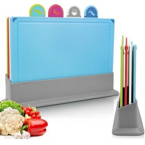 BUNTHAUS 4 PCS Planche à Découper, Set Planche a Decouper Plastique Professionnelle sans BPA, Planches à Découper de Cuisine Antidérapante avec Support, Planche a Découper pour Viande Légumes Fruits