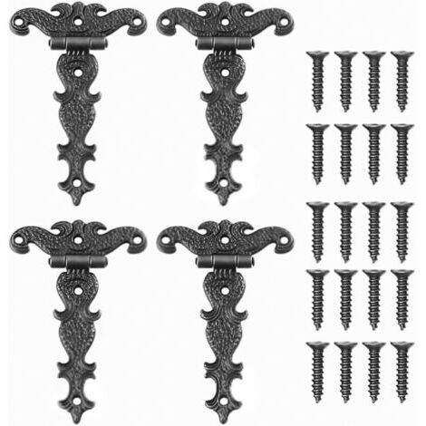 BUNTHAUS 4 Pièces Charnières Vintage en Bronze Charnières Rétro en T, Charnières décoratives rétro sculptées, Charnières Pliantes en Bronze pour Portes, Armoires, Boîtes à Bijoux, Contient vis.