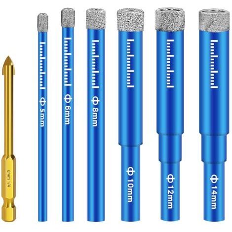 BUNTHAUS 7 Pièces Foret Diamant Carrelage,Foret Diamant Gres Cerame avec 5/6/8/10/12/14 mm,Forets Metaux pour 6mm, Meche Perceuse Metal, pour Porcelaine,Céramique, Granit,Carrelage