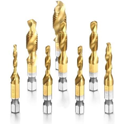 BUNTHAUS 8 Pièces Combinaison Drill Foret Mèche HSS à tige Hexagonale M3M10 Filetage Vis Robinet Titane placage Couleur de cuivre