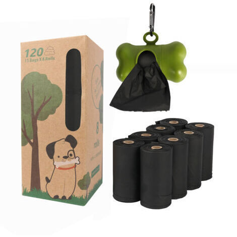 BUNTHAUS 8 Rouleaux Noirs Solides Sacs à Déchets Biodégradables pour Animaux de Compagnie + Distributeur d'Os, Amidon de Maïs PLA Compostable Poop Pickup Doggie Bags