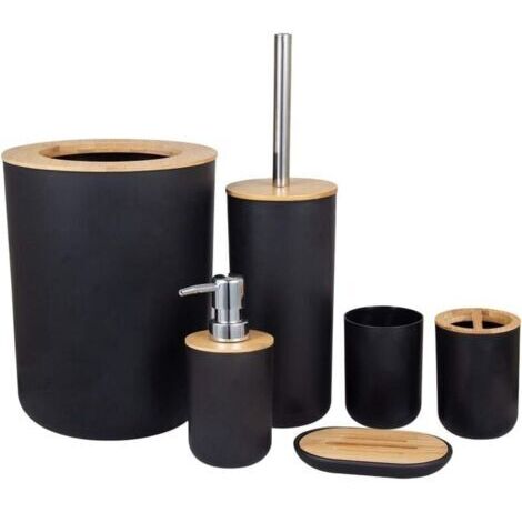 BUNTHAUS Accessoires salle bain Set Porte-brosse dents Bambou Comptoir en bois Autoportant Distributeur savon Tasse cuisine Brosse toilette Salon Poubelle conomie d\\'espace Douche Maison Htel Plat(No