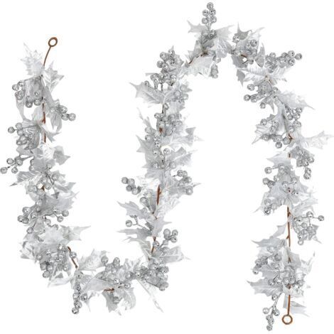 BUNTHAUS Argent Baies Guirlande de Noël, 6ft Guirlande de Baies Artificielles Flexibles avec Baies à Paillettes Argentées et Feuilles de Houx pour Noël Hiver Nouvel an Cheminée Porte Arbre Décoration