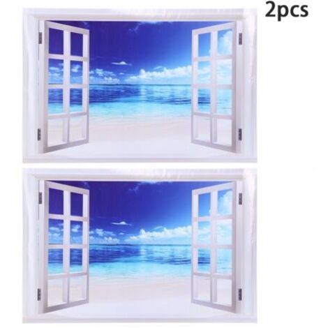 BUNTHAUS Autocollant mural Unique à motif d'eau de mer bleue et de fenêtre, 2 pièces, décoration pour porte fenêtre de maison