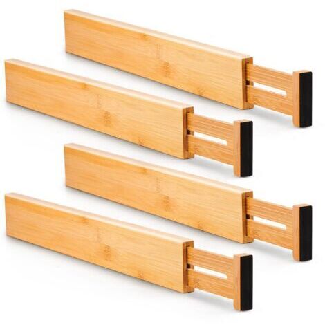 BUNTHAUS Bamboo Kitchen Drawer Dividers(4 pack), Large Adjustable Divider, Spring loaded Silverware and Utensils Organisation for Kitchen, Livingroom, Bedroom, Bathroom