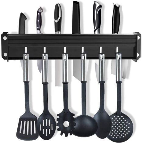 BUNTHAUS Barre de cuisine sans perçage, bloc à couteaux sans couteaux, rail de cuisine en aluminium  Rail de cuisine avec 7 crochets, porte-ustensiles de cuisine sans perçage