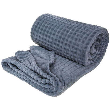 BUNTHAUS Bleu (150 x 200 cm) Couverture à carreaux en flanelle douce pour l'automne et l'hiver, couverture de lit, de bureau, de sieste chaude, de canapé, uni, texturée gaufrée, pour chaise, canapé, c
