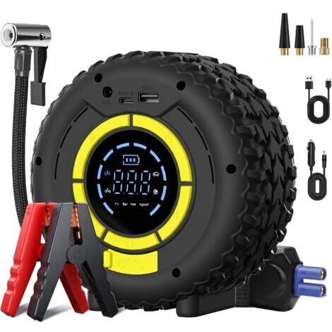 BUNTHAUS Booster Batterie & Gonfleur Pneus Voiture 150PSI - Démarreur de Voiture 120W, Compresseur d'Air Portable, 4 Modes Intelligents, Écran LCD, Éclairage LED & SOS