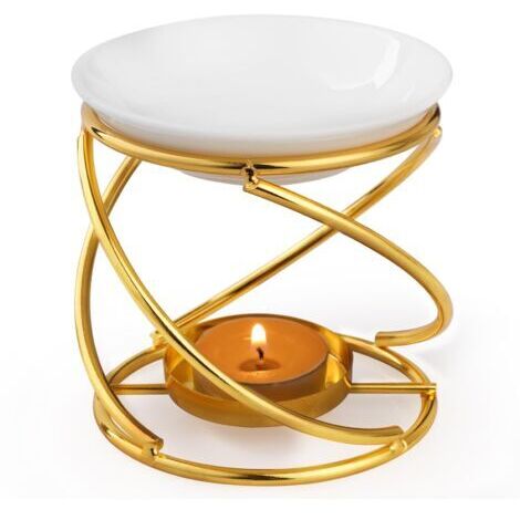 BUNTHAUS Brûleur à Huile Essentielle en Céramique en Métal Or, Brule Parfum avec Bol en Céramique, Bruleur Fondant pour Porte Bougie Décoratif à la Maison