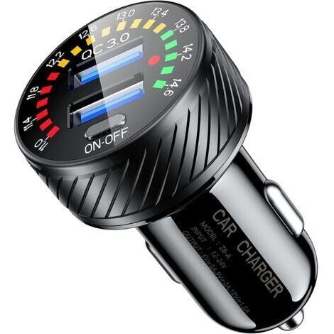 BUNTHAUS Chargeur de Voiture, Double Port QC3.0 USB Rapide Chargeur Allume Cigare, Adaptateur de Chargeur de Voiture 36 W/3 A à Chargeur Rapide avec Voltmètre Coloré et Interrupteur Marche/Arrêt