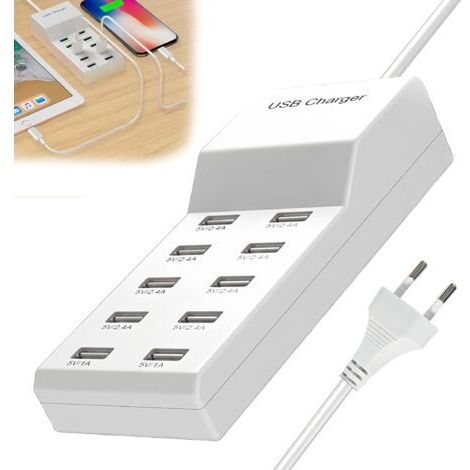 BUNTHAUS Chargeur USB multiple : station de charge USB pour plusieurs appareils, 5 V/2.4A 50 W, chargeur USB 10 ports, bloc d'alimentation multi-USB pour iPhone 15/14/13/12 Pro Max, iPad, Samsung