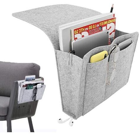 BUNTHAUS Chevet Canapé Organisateur, Poche de lit de Chevet, Sac de Rangement à Suspendre, pour Téléphone, Télécommande, Magazine, Lunettes, Livre, Pad Avec Trous de Câble et 5 Poches (Gris Clair)