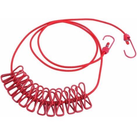 BUNTHAUS Corde à linge élastique réglable et portable rouge avec 12 pinces pour le voyage