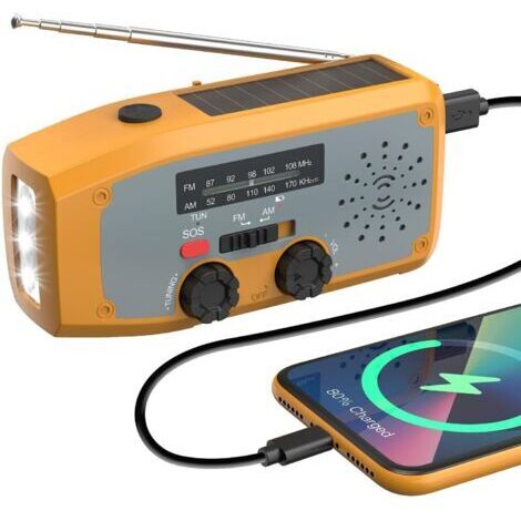 BUNTHAUS couleur orange，Portable Radio, Radio a Pile Survie, Dynamo AM/FM de Direction du Vent et de la météo, avec Batterie de 2000 mAh, d'urgence Solaire, avec Lampe de Poche LED, Alarme SOS, Peut C