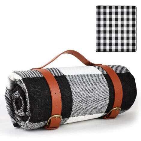 BUNTHAUS Couverture de Pique-Nique 150x200cm, Couverture extérieure résistante à l'eau, Grande Couverture de Pique-Nique Pliable Portable à 3 Couches (Noir&Blanc)