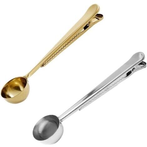 BUNTHAUS Cuillère Doseuse à Café avec Scelleuse de Sacs,2PCS Cuillères à Mesurer en Acier inoxydable avec un sac d'étanchéité Pince à thé Cuillère à thé avec un Long Manche pour Grains de café, Lait e
